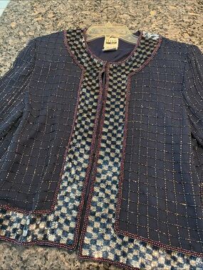 Leslie Fay Navy Open-Front Jacket with gorgeous sequins